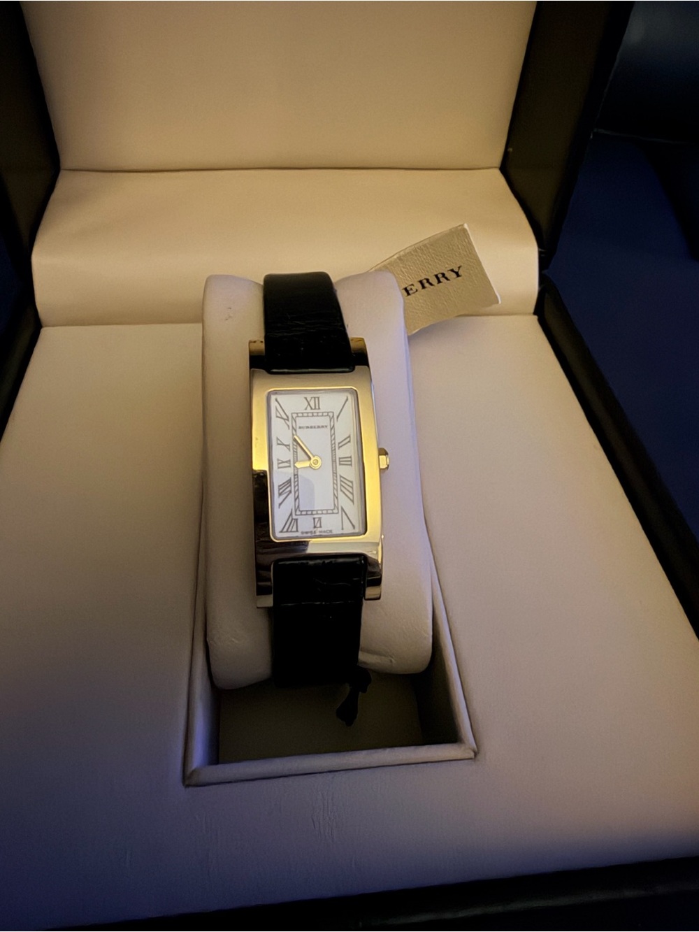 Woman’s Burberry Gold-Tone Rectangular Watch with Black Leather Strap with tag. - Picture 2 of 11